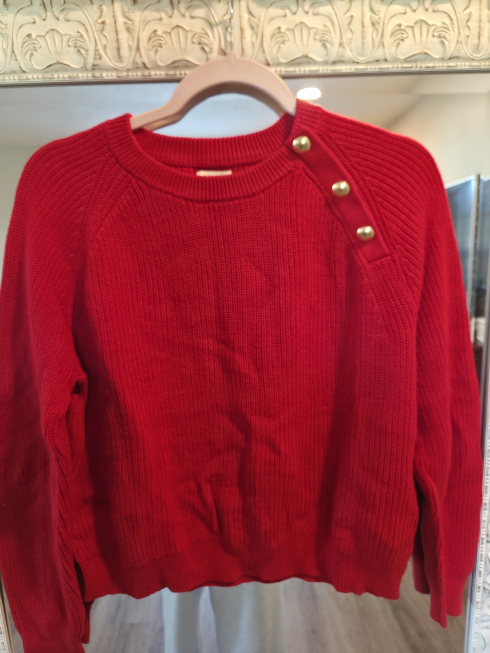 J. Crew Red Crewneck Sweater with Gold Shoulder Buttons